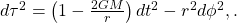 d\tau^2 = \left(1-\frac{2GM}{r}\right) dt^2 - r^2 d\phi^2,.