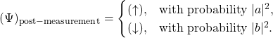 \[ (\Psi)_\mathrm{post-measurement} = \begin{cases} (\uparrow), & \mbox{with probability } |a|^2,\\ (\downarrow), & \mbox{with probability } |b|^2. \end{cases}\]