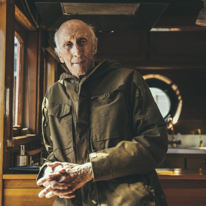 Stewart Brand, writer and founder of Whole Earth Catalog?, stands for a portrait inside the Mirene, a converted 1912 tugboat where he and his wife Ryan Phelan call home in Sausalito, California Tuesday, April 6, 2021. datebook_merlin